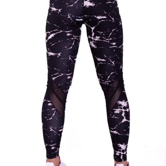 High-Waisted & Mash Panel Gym and Yoga Leggings with Side Pockets Marble Black - Picture 7 of 7